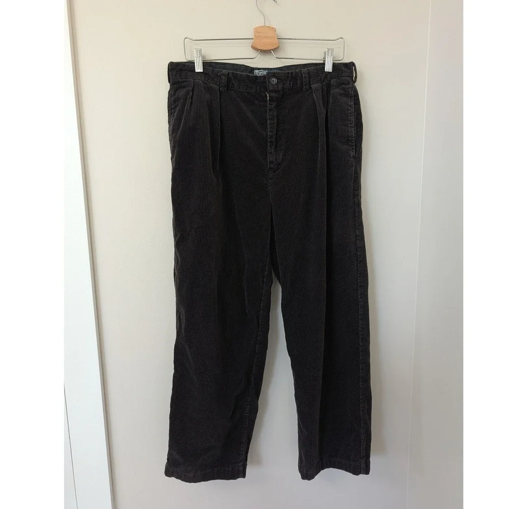Vintage‎ Polo Ralph Lauren Andrew Pant Mens Brown Corduroy Pleated Trousers